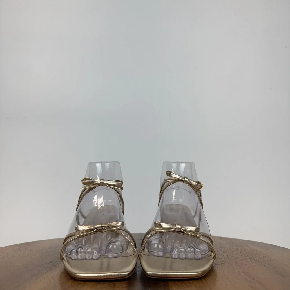 New Womens Reformation Elodie Metallic Gold Strappy Bow Slide Sandals Size 8 M - Picture 3 of 7